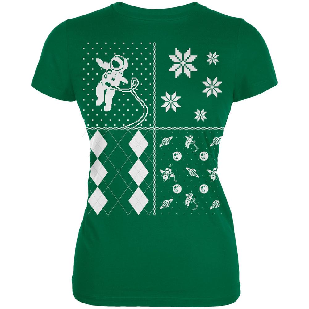 Astronaut in Space Ugly Christmas Sweater Festive Blocks Kelly Green Juniors Soft T-Shirt Juniors T-Shirts Old Glory 2XL Green