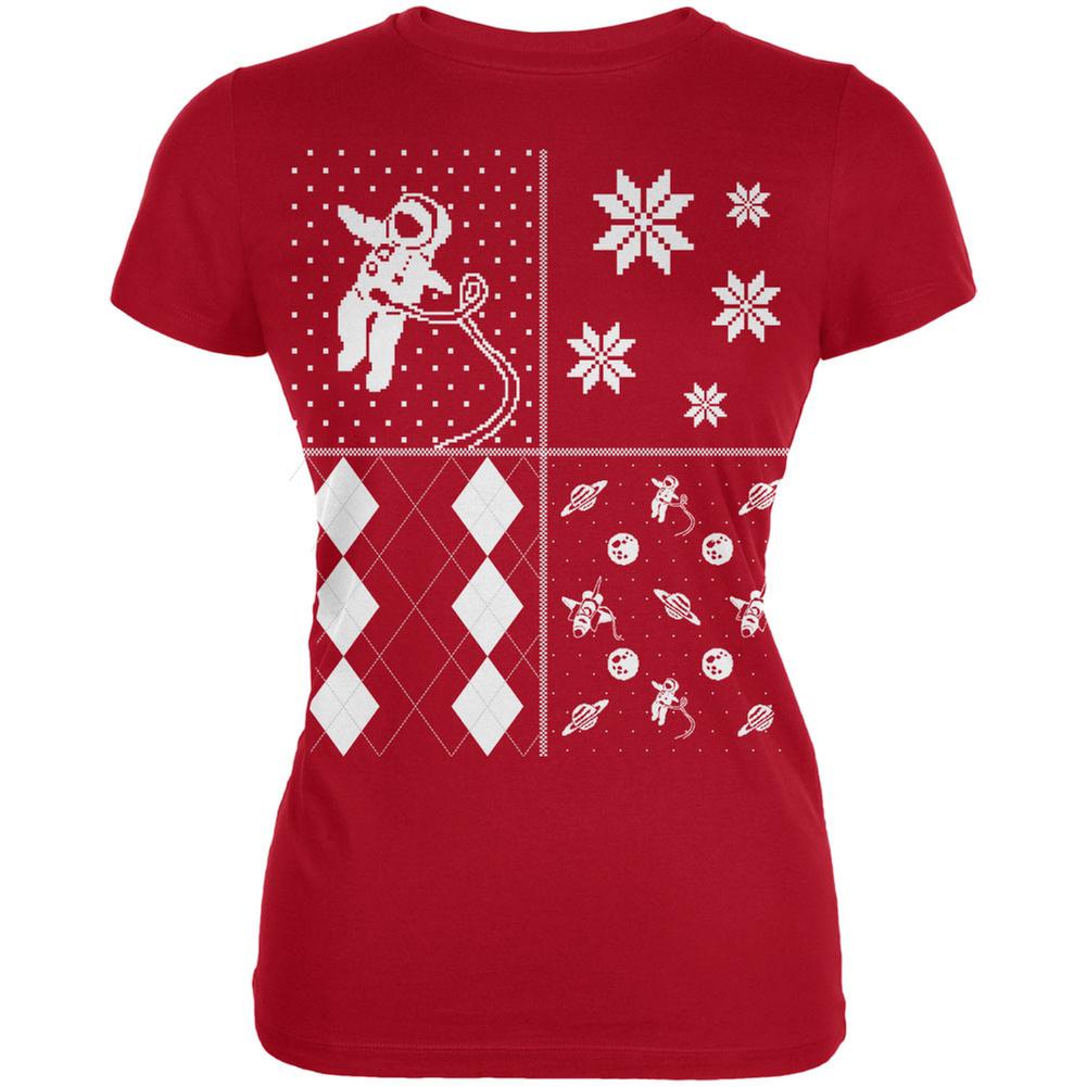 Astronaut in Space Ugly Christmas Sweater Festive Blocks Red Juniors Soft T-Shirt Juniors T-Shirts Old Glory 2XL Red