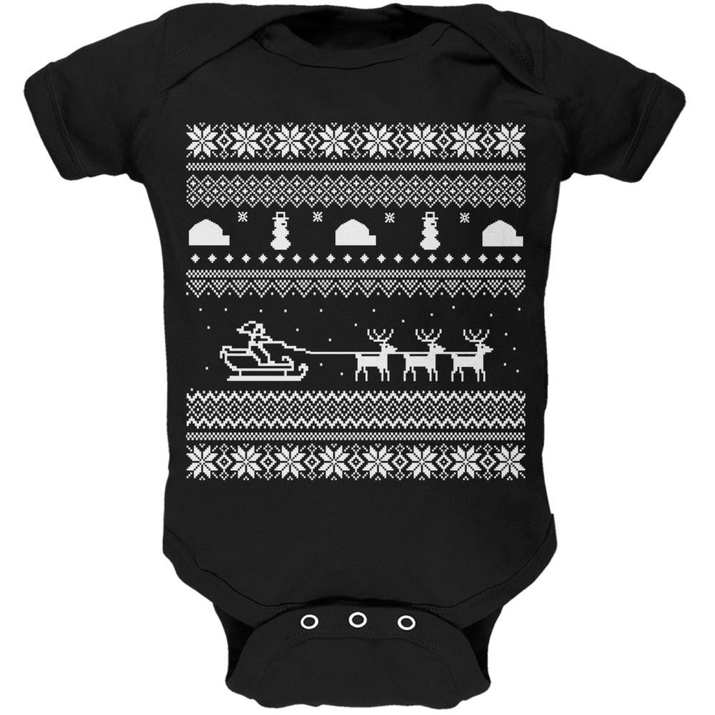 Santa Sleigh Ugly Christmas Sweater Black Soft Baby One Piece Baby One Piece Old Glory
