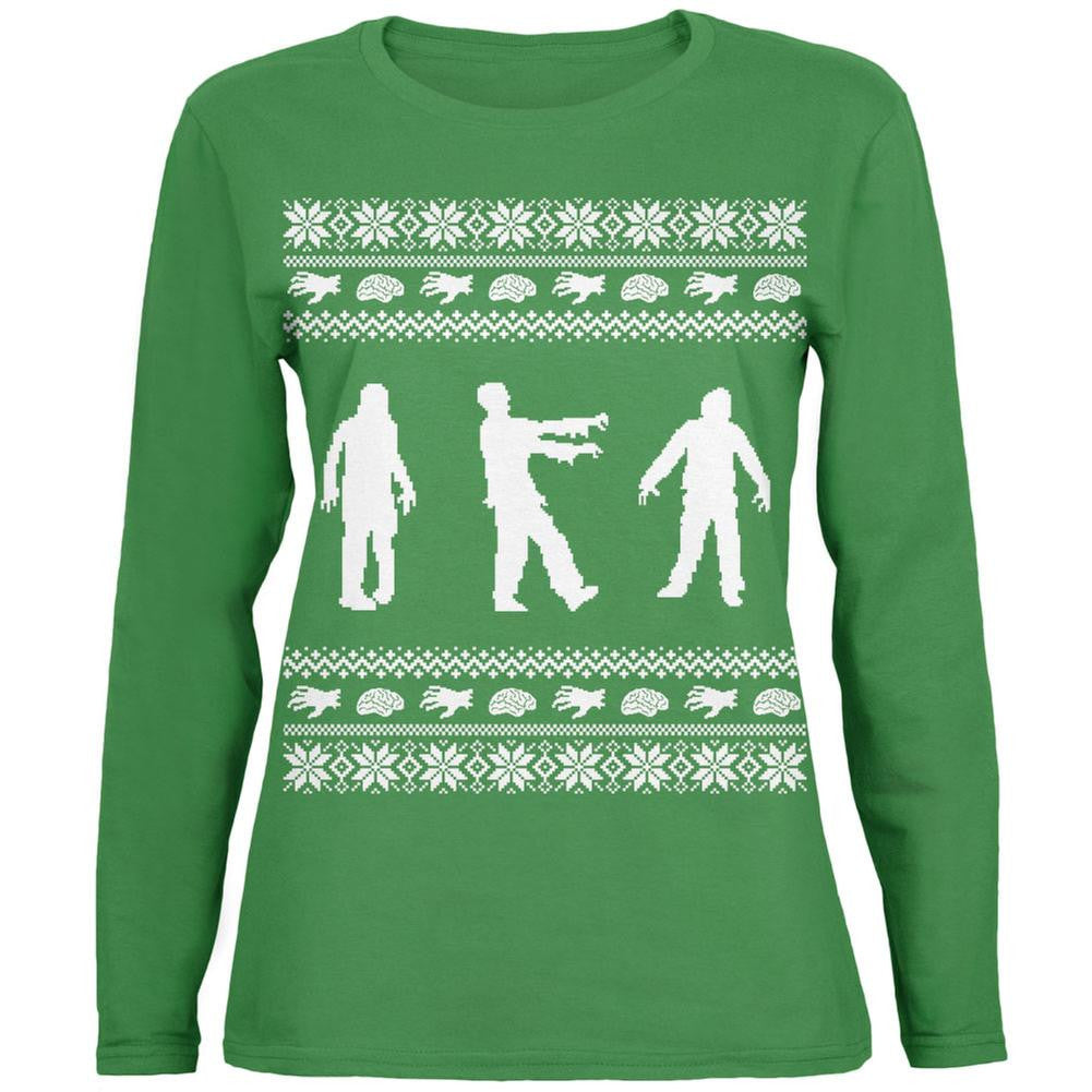 Zombie Ugly Christmas Sweater Green Womens Long Sleeve T-Shirt Women's Long Sleeves Old Glory