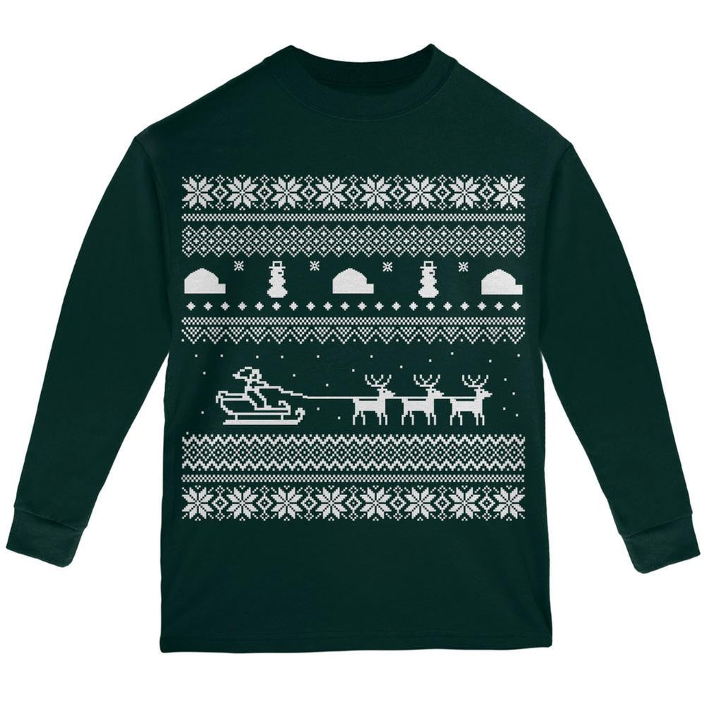 Santa Sleigh Ugly Christmas Sweater Black Youth Long Sleeve T-Shirt Youth Long Sleeves Old Glory