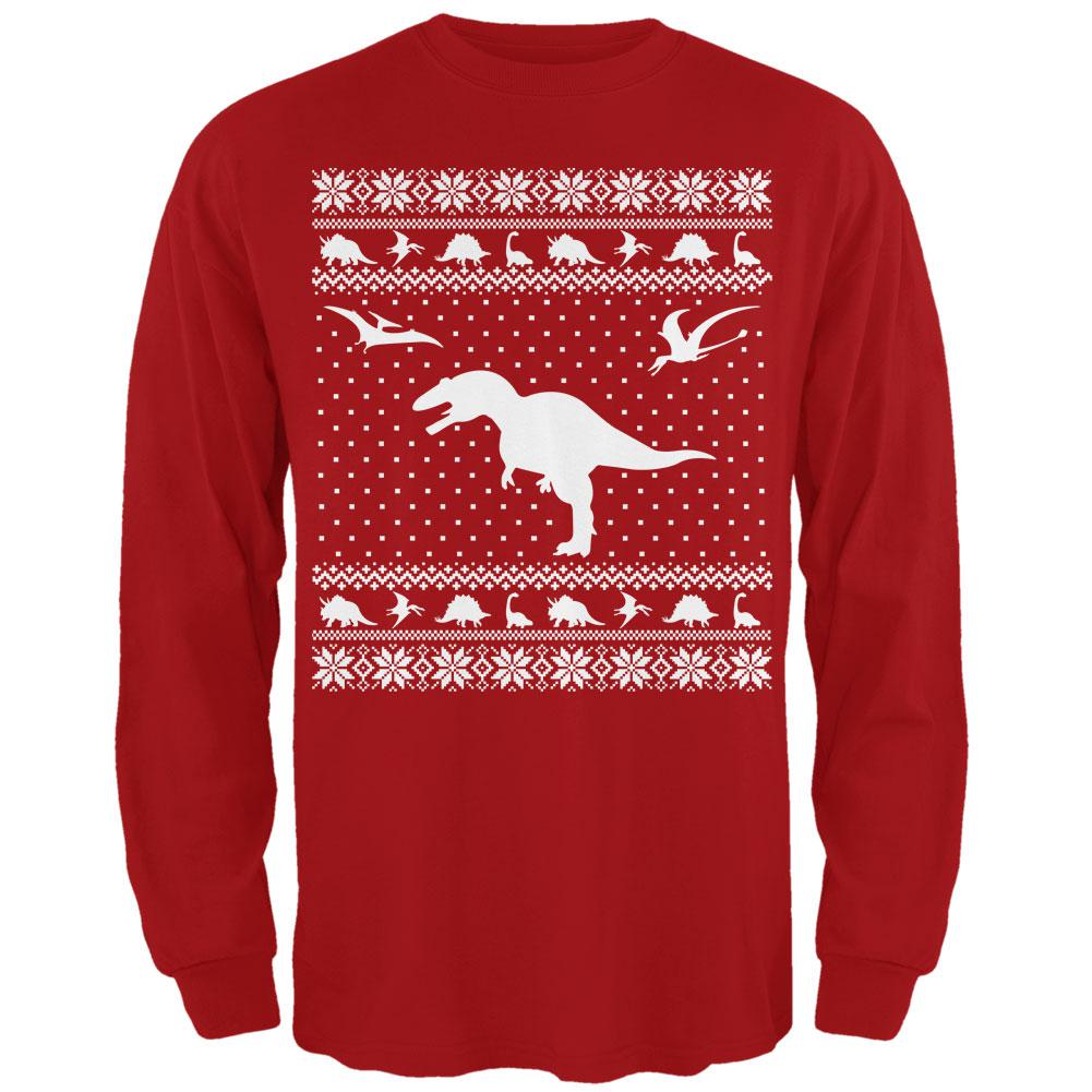 Dinosaurs Ugly XMAS Sweater Red Adult Long Sleeve T-Shirt Men's Long Sleeves Old Glory 2XL Red
