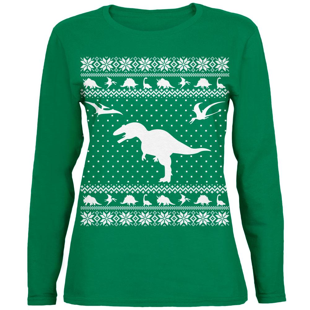 Dinosaurs Ugly XMAS Sweater Green Womens Long Sleeve T-Shirt Women's Long Sleeves Old Glory 2XL Green