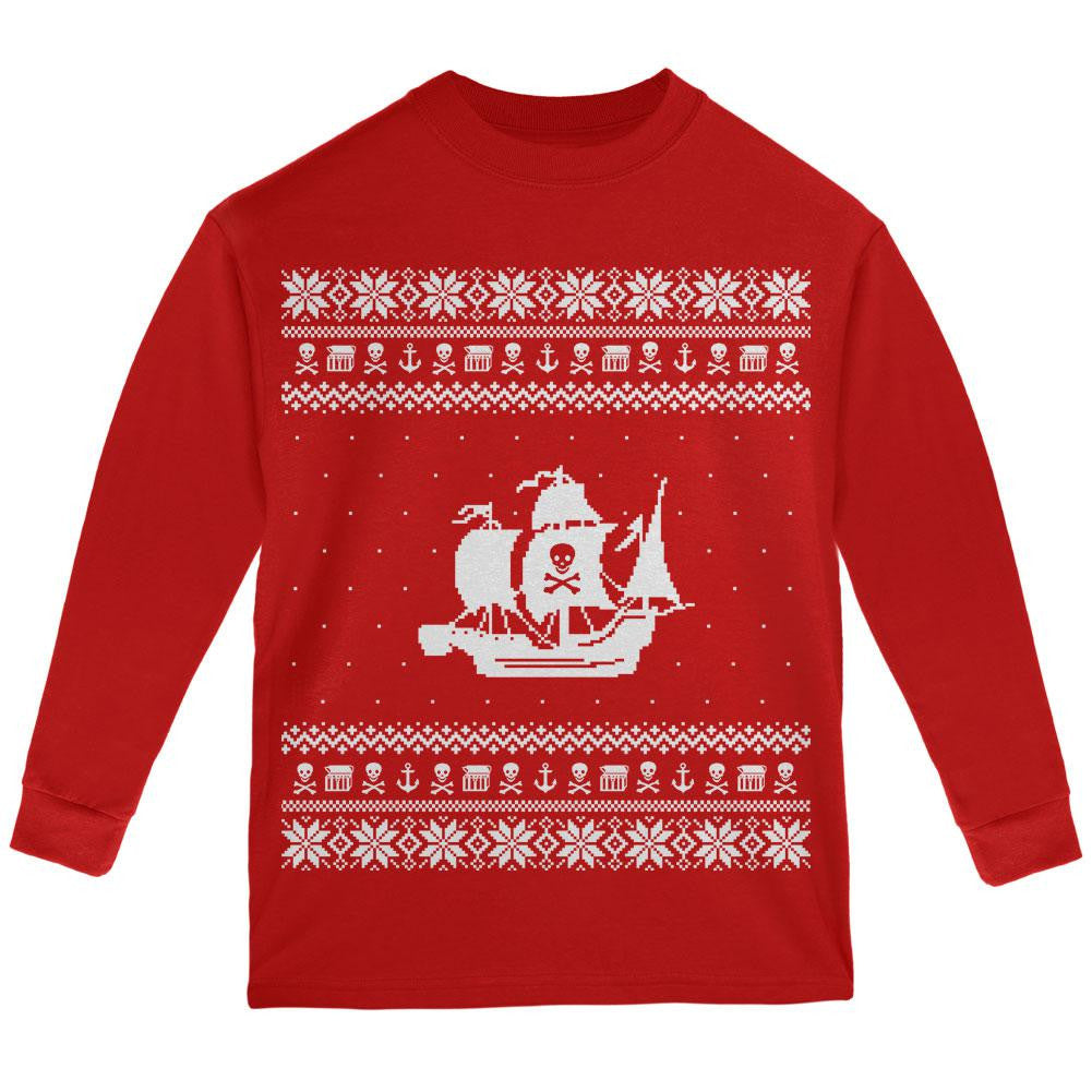 Pirate Ship Ugly XMAS Sweater Red Youth Long Sleeve T-Shirt Youth Long Sleeves Old Glory