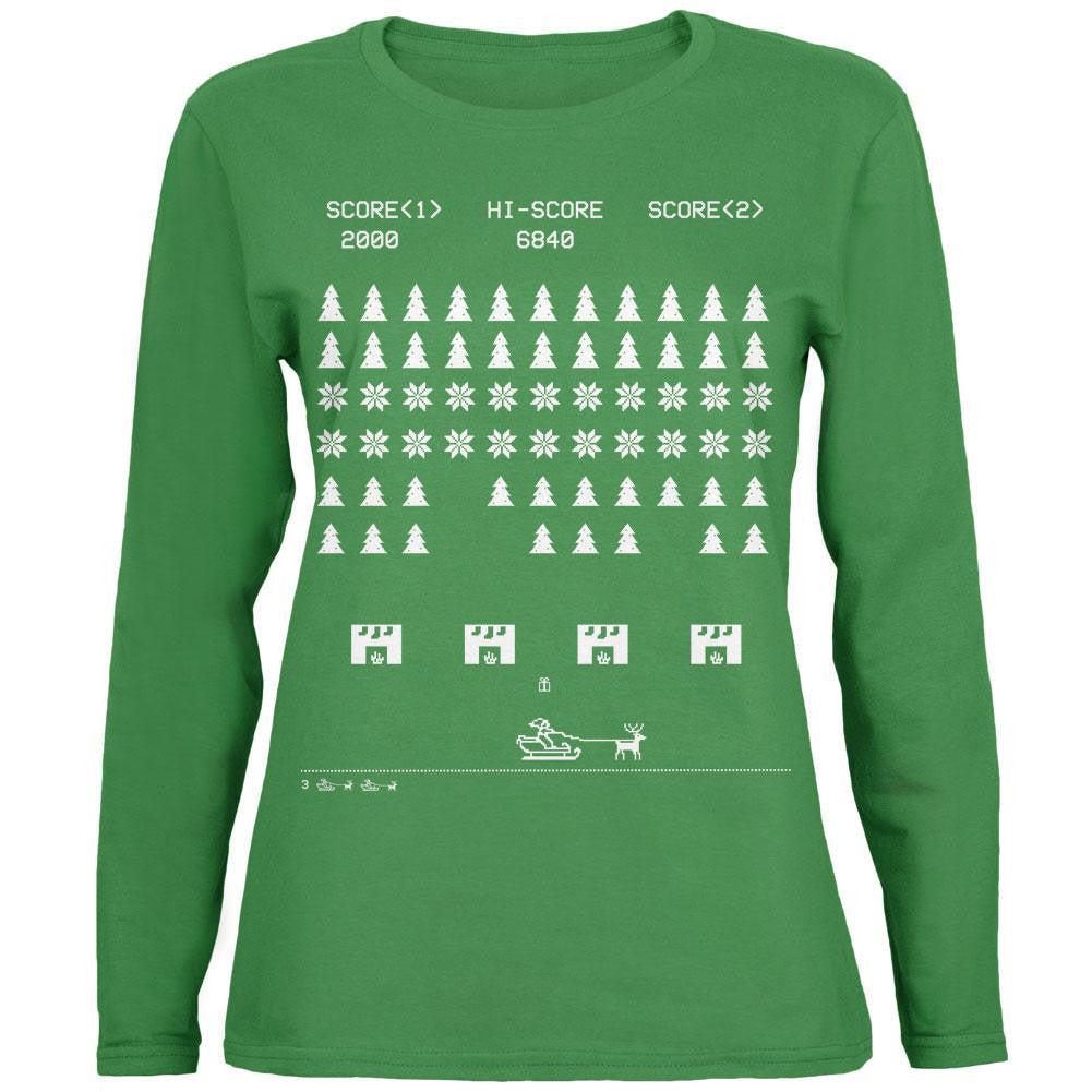 Classic Arcade Game Ugly XMAS Sweater Green Womens Long Sleeve T-Shirt Women's Long Sleeves Old Glory
