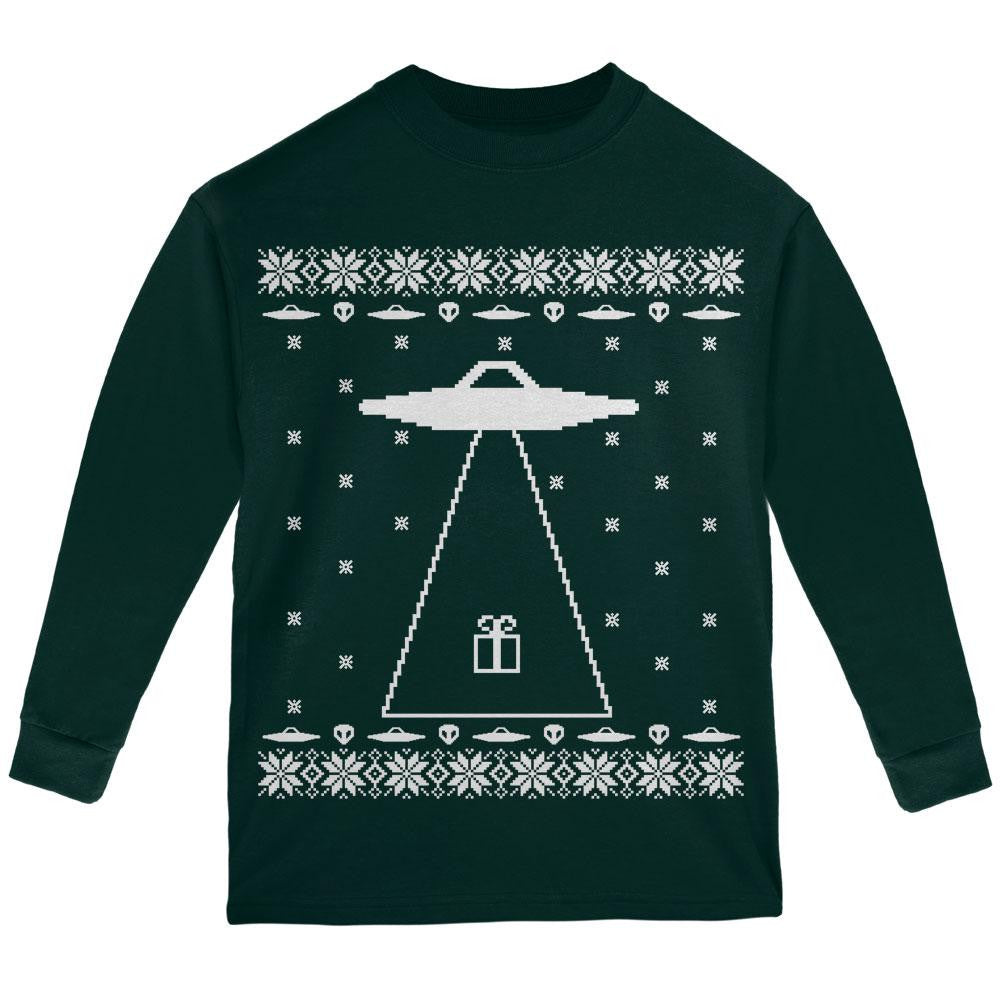 Alien Abduction Ugly XMAS Sweater Youth Long Sleeve T-Shirt Youth Long Sleeves Old Glory LG Dark Green