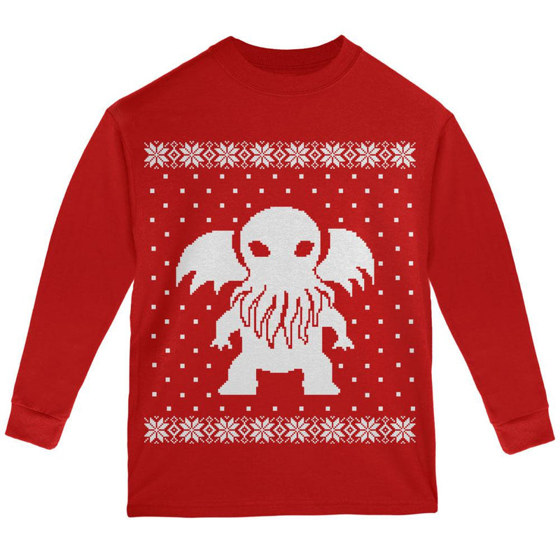 Big Cthulhu Ugly Christmas Sweater Black Youth Long Sleeve T-Shirt Youth Long Sleeves Old Glory