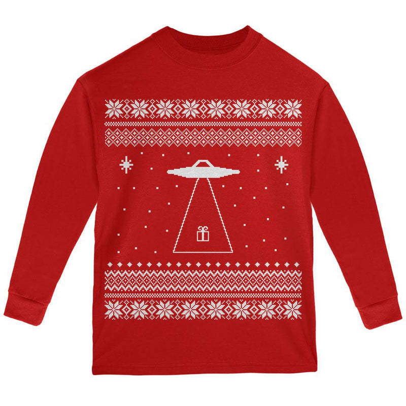 Alien Beam Ugly XMAS Sweater Black Youth Long Sleeve T-Shirt Youth Long Sleeves Old Glory LG Red