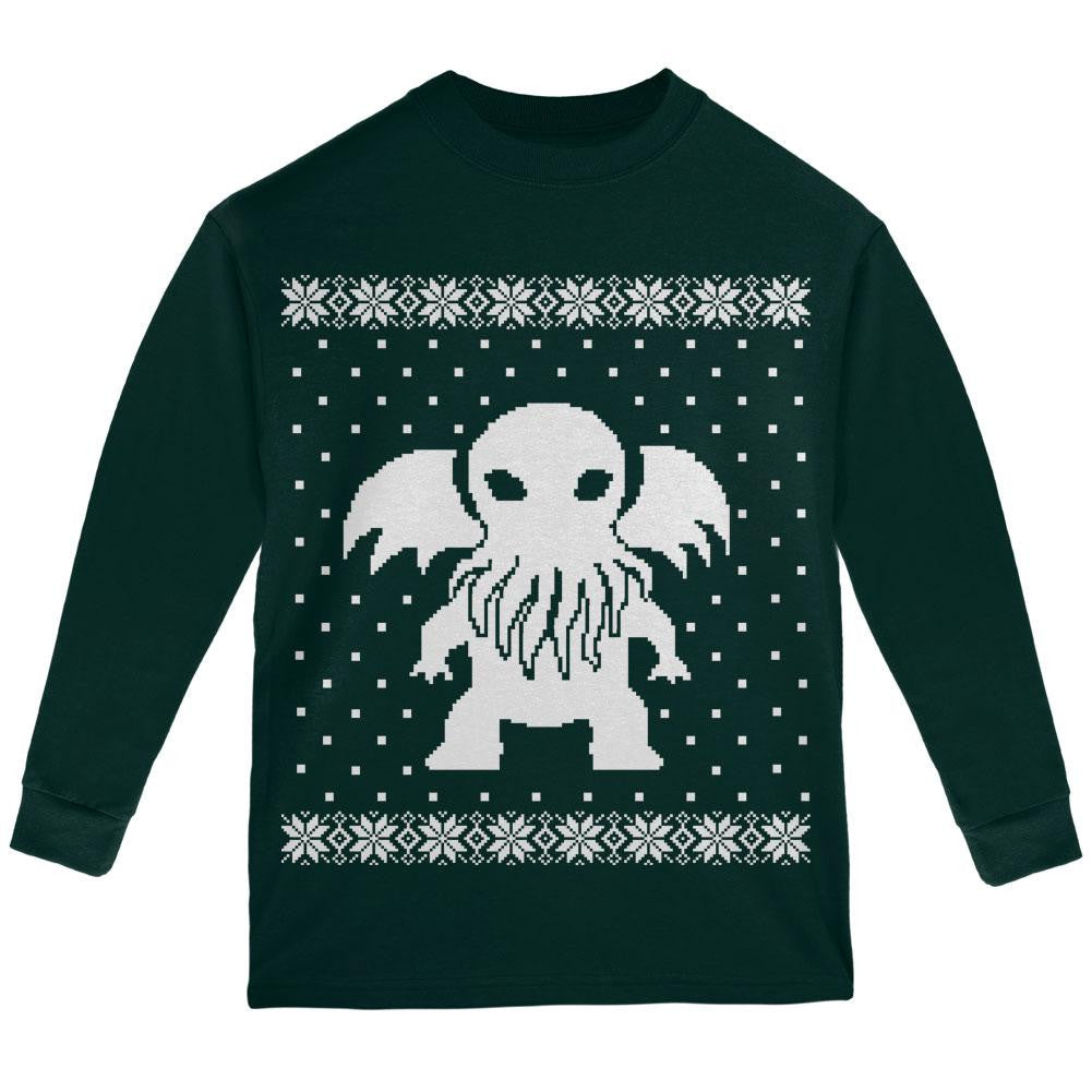 Big Cthulhu Ugly Christmas Sweater Black Youth Long Sleeve T-Shirt Youth Long Sleeves Old Glory