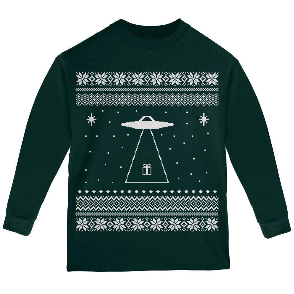 Alien Beam Ugly XMAS Sweater Black Youth Long Sleeve T-Shirt Youth Long Sleeves Old Glory LG Dark Green