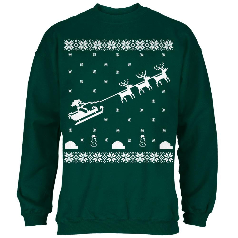 Flying Santa Sleigh Ugly XMAS Sweater Adult Sweatshirt Men's Sweatshirts Old Glory SM Forest Green