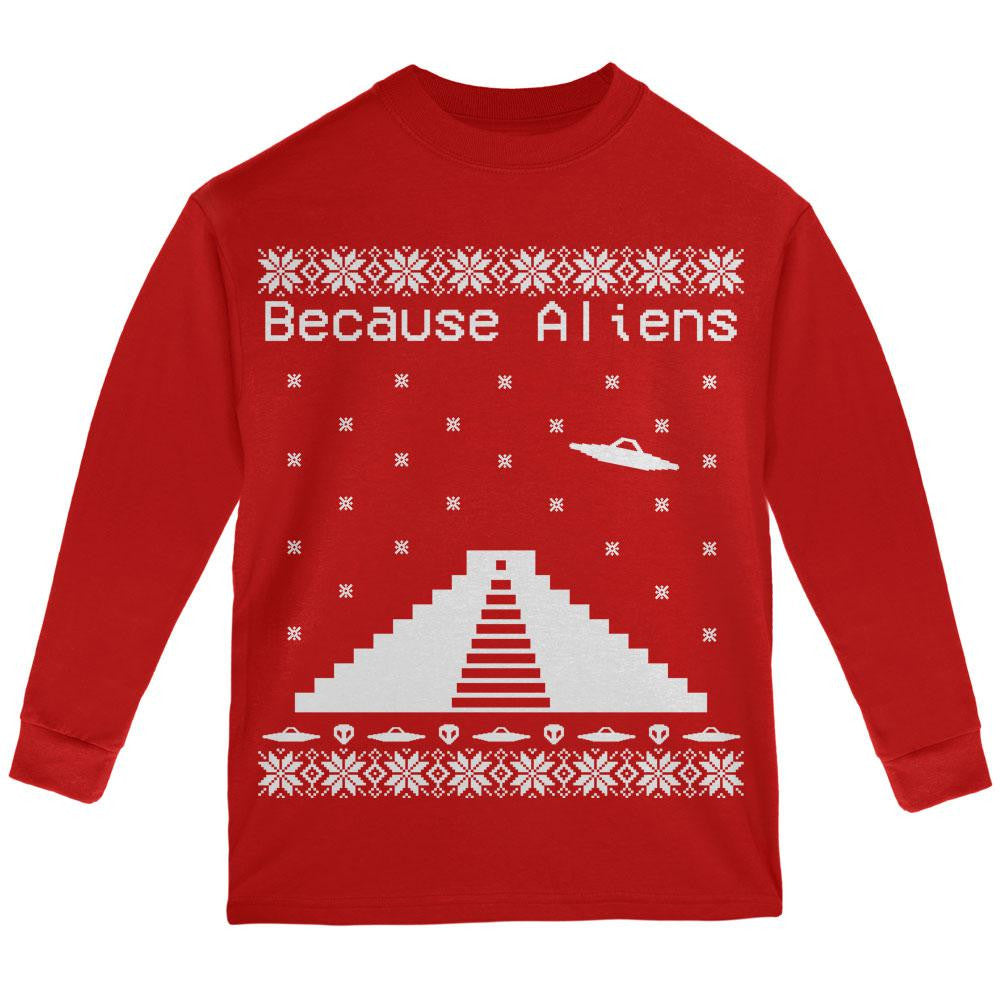 Because Aliens Pyramid Ugly XMAS Sweater Red Youth Long Sleeve T-Shirt Youth Long Sleeves Old Glory LG Red