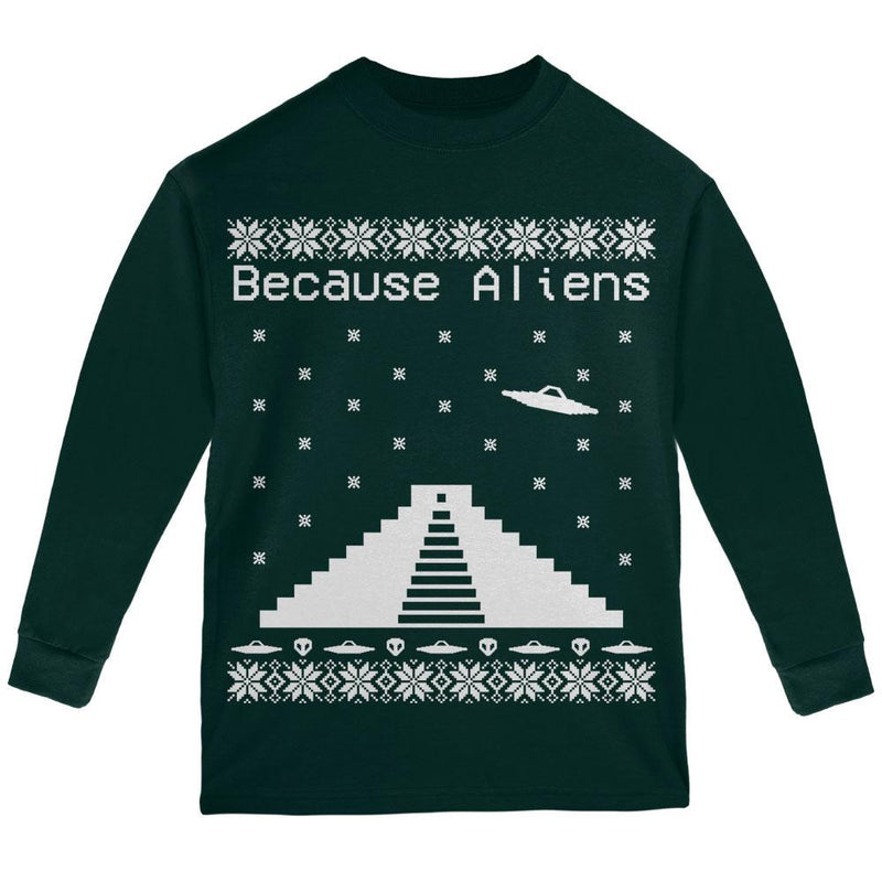 Because Aliens Pyramid Ugly XMAS Sweater Red Youth Long Sleeve T-Shirt Youth Long Sleeves Old Glory LG Dark Green