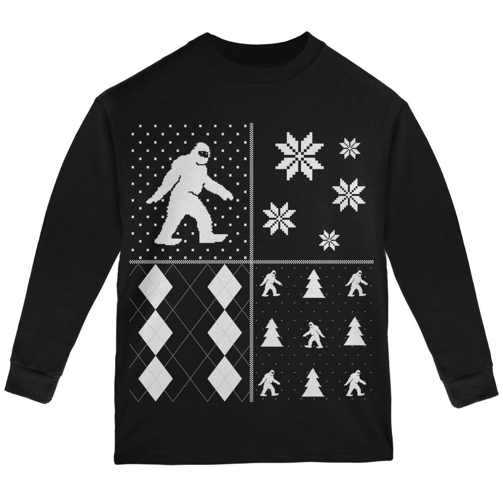 Sasquatch Festive Blocks Ugly XMAS Sweater Black Youth Long Sleeve T-Shirt Youth Long Sleeves Old Glory