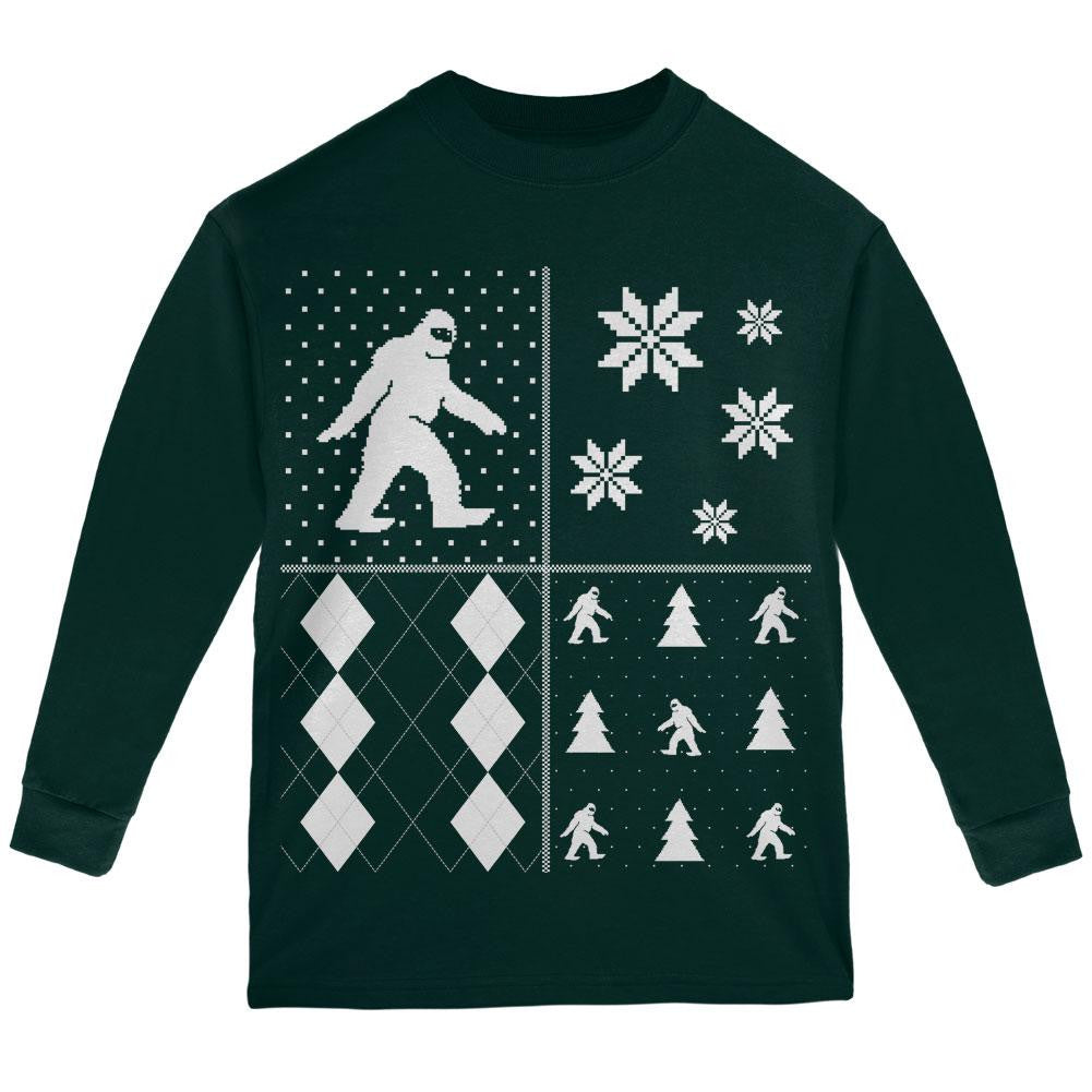 Sasquatch Festive Blocks Ugly XMAS Sweater Black Youth Long Sleeve T-Shirt Youth Long Sleeves Old Glory