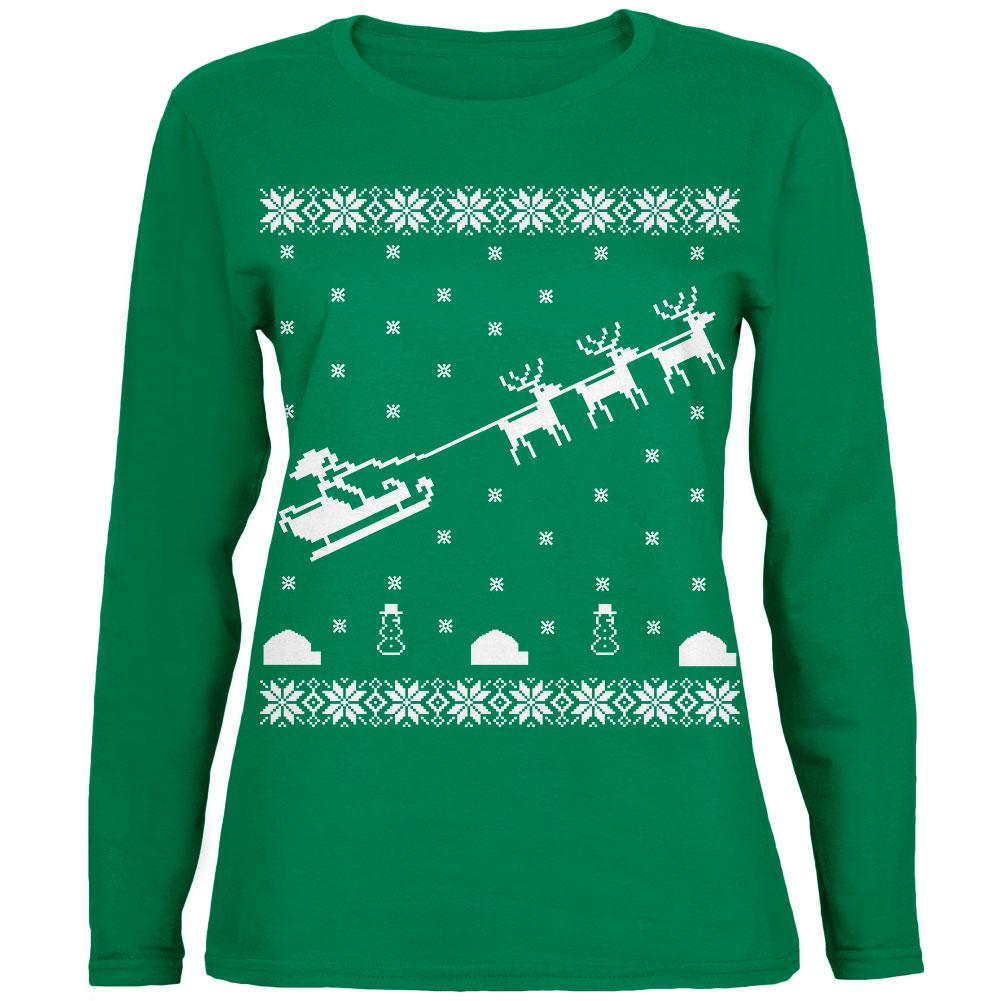 Flying Santa Sleigh Ugly XMAS Sweater Green Womens Long Sleeve T-Shirt Women's Long Sleeves Old Glory 2XL Green