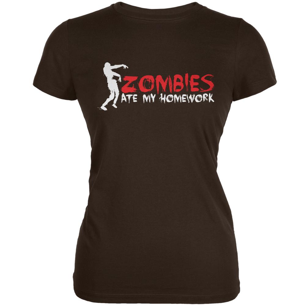 Zombies Ate My Homework Brown Juniors Soft T-Shirt Juniors T-Shirts Old Glory 2XL Brown