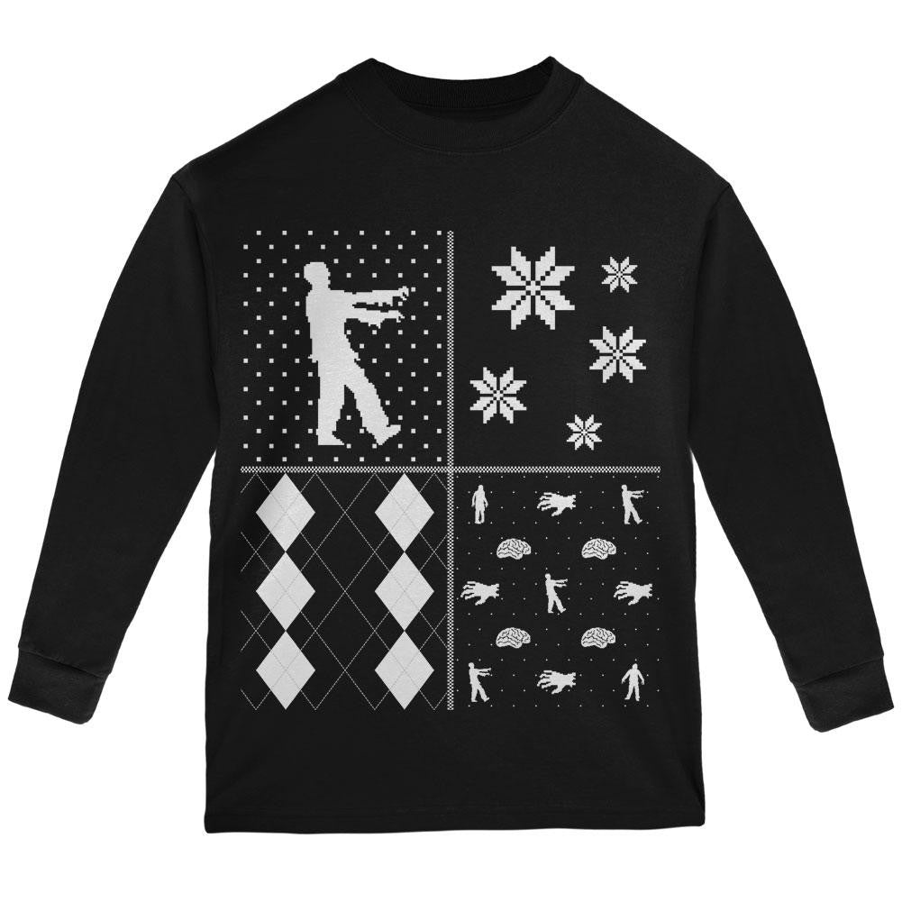Zombies Festive Blocks Ugly XMAS Sweater Black Youth Long Sleeve T-Shirt Youth Long Sleeves Old Glory
