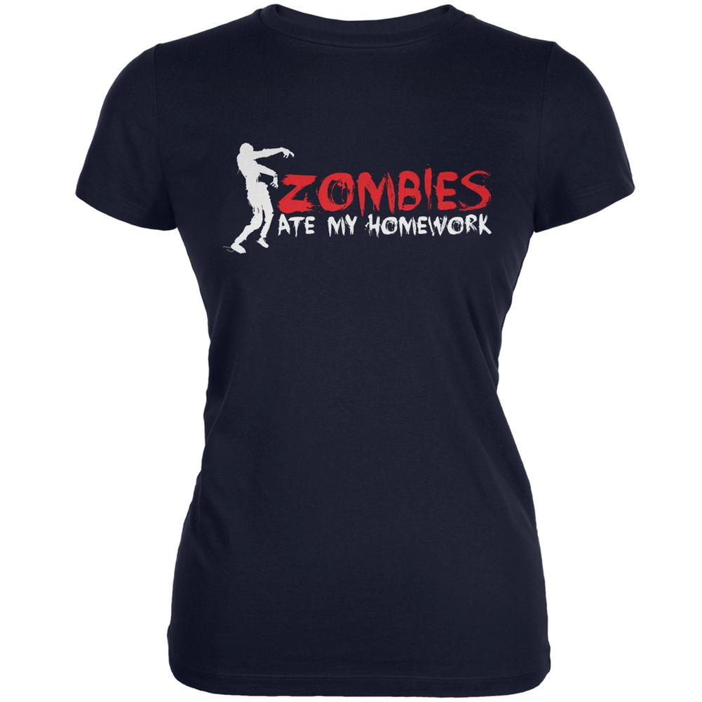 Zombies Ate My Homework Navy Juniors Soft T-Shirt Juniors T-Shirts Old Glory 2XL Blue