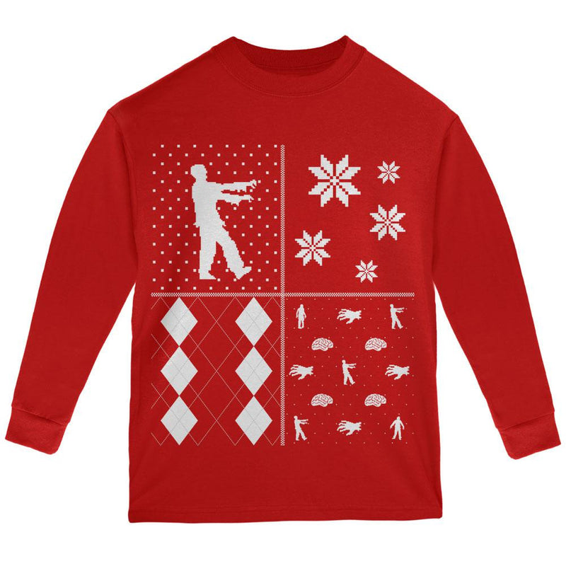 Zombies Festive Blocks Ugly XMAS Sweater Black Youth Long Sleeve T-Shirt Youth Long Sleeves Old Glory