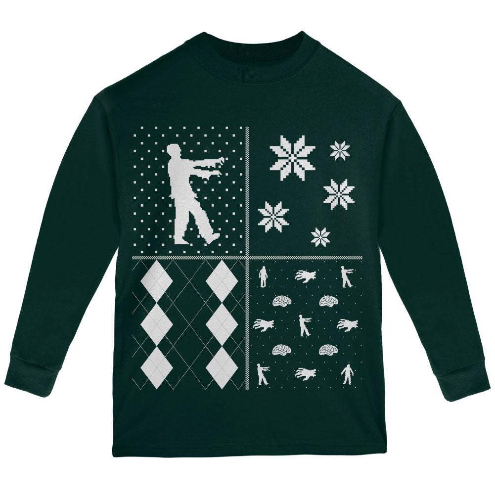 Zombies Festive Blocks Ugly XMAS Sweater Black Youth Long Sleeve T-Shirt Youth Long Sleeves Old Glory