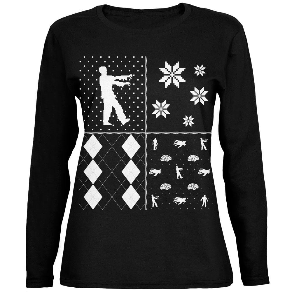 Zombies Festive Blocks Ugly XMAS Sweater Black Womens Long Sleeve T-Shirt Women's Long Sleeves Old Glory