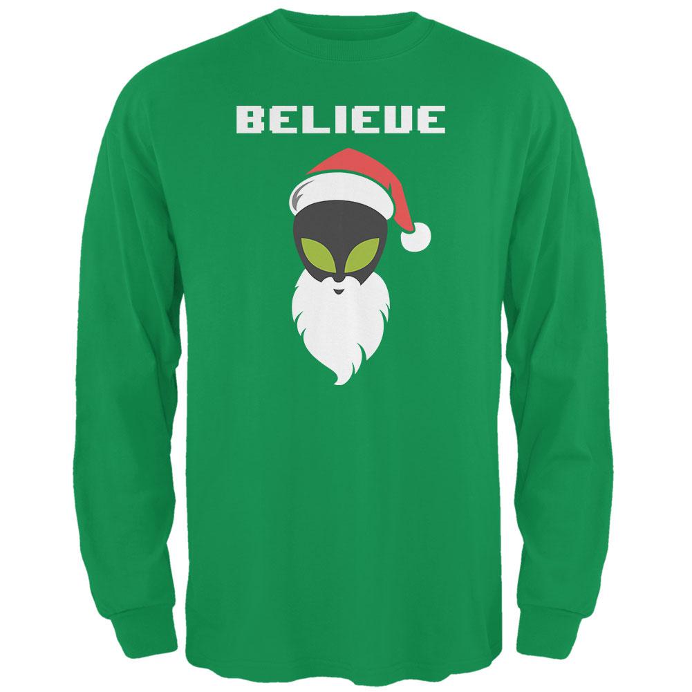 Christmas Believe Alien Santa Irish Green Adult Long Sleeve T-Shirt Men's Long Sleeves Old Glory 2XL Green