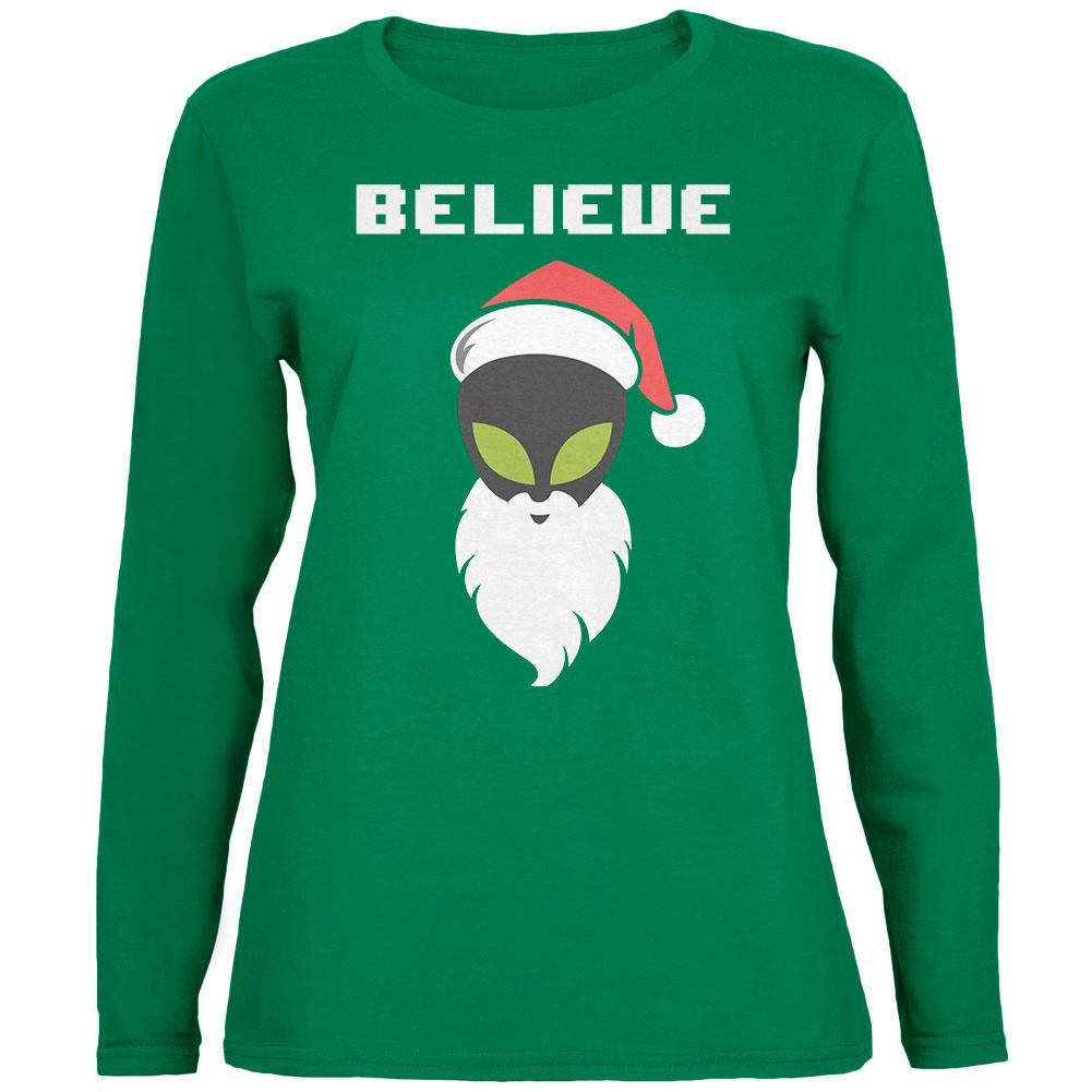 Christmas Believe Alien Santa Green Womens Long Sleeve T-Shirt Women's Long Sleeves Old Glory 2XL Green