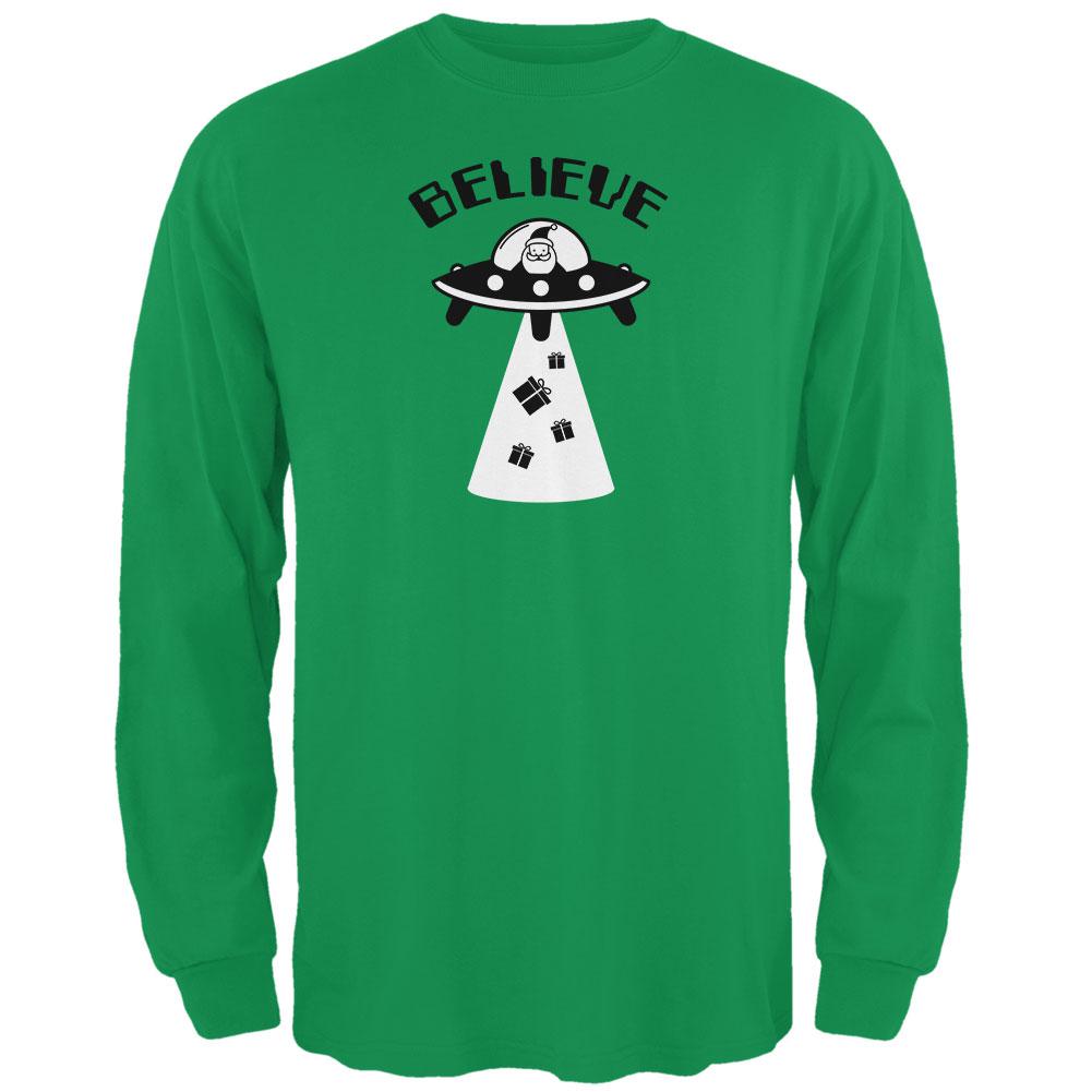 Christmas Believe Santa UFO Irish Green Adult Long Sleeve T-Shirt Men's Long Sleeves Old Glory 2XL Green
