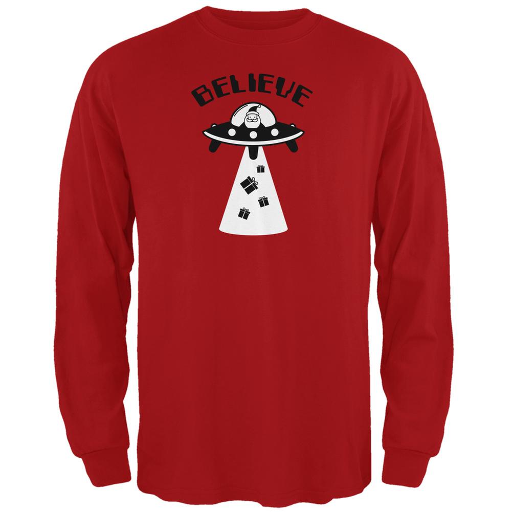 Christmas Believe Santa UFO Red Adult Long Sleeve T-Shirt Men's Long Sleeves Old Glory 2XL Red