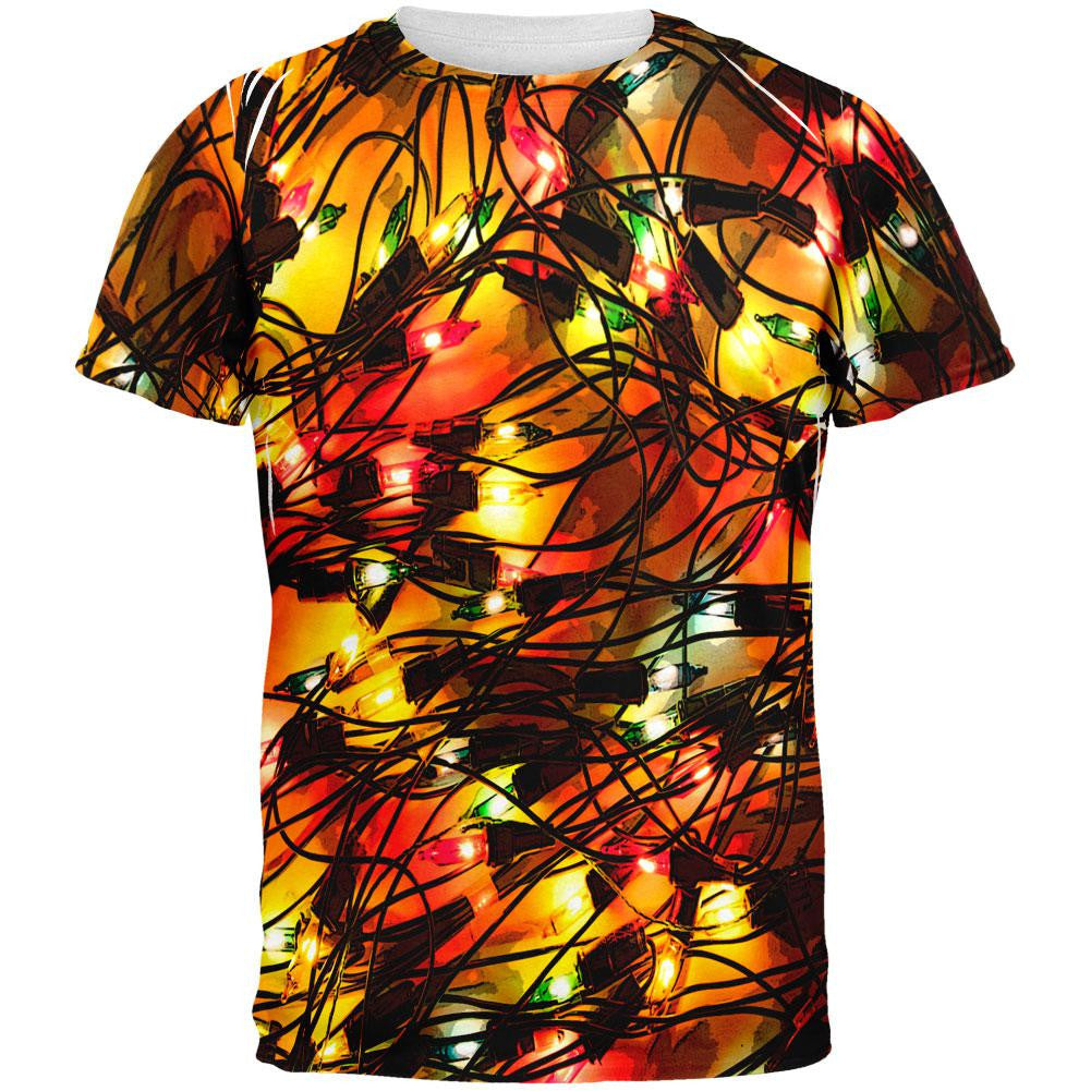 Tangled Christmas Lights All Over Adult T-Shirt Men's T-Shirts Old Glory 2XL White