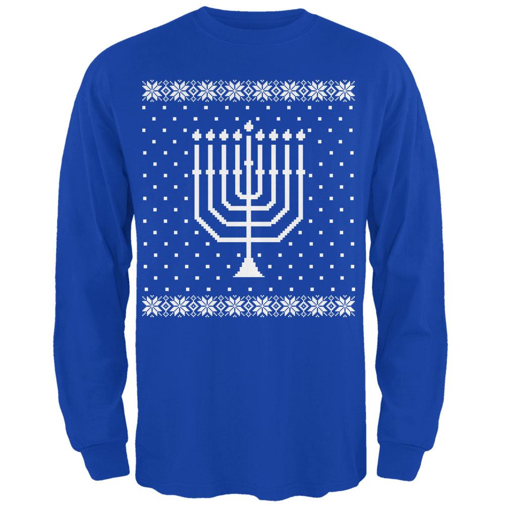 Big Menorah Ugly Hanukkah Sweater Royal Adult Long Sleeve T-Shirt Men's Long Sleeves Old Glory 2XL Blue