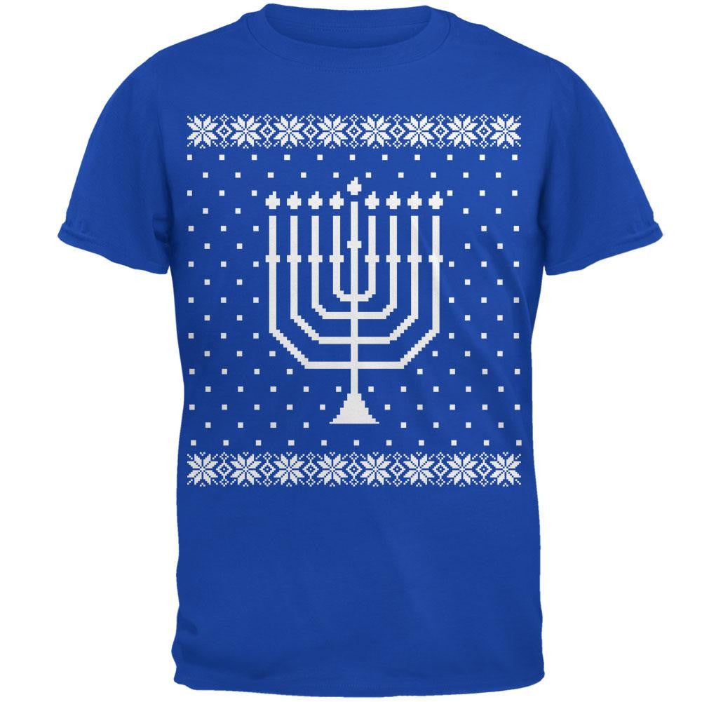 Big Menorah Ugly Hanukkah Sweater Royal Adult T-Shirt Men's T-Shirts Old Glory 2XL Blue