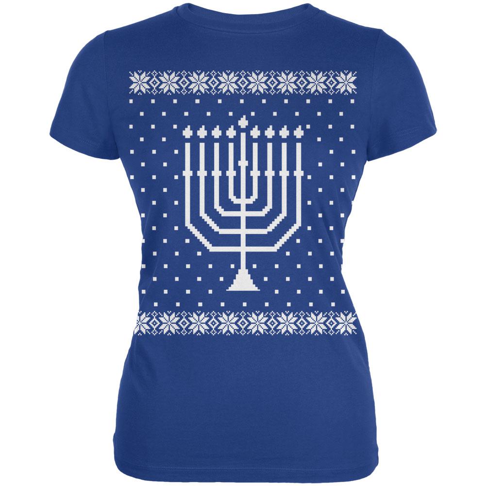 Big Menorah Ugly Hanukkah Sweater Royal Juniors Soft T-Shirt Juniors T-Shirts Old Glory 2XL Blue