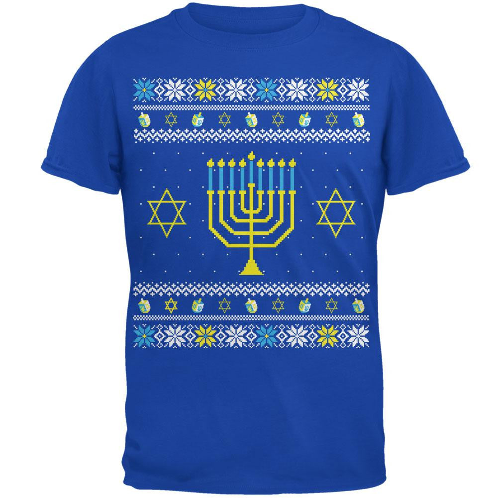 Menorah Ugly Hanukkah Sweater Royal Adult T-Shirt Men's T-Shirts Old Glory 2XL Blue
