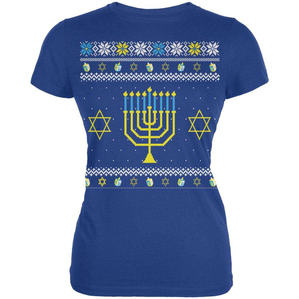 Menorah Ugly Hanukkah Sweater Royal Juniors Soft T-Shirt Juniors T-Shirts Old Glory 2XL Blue