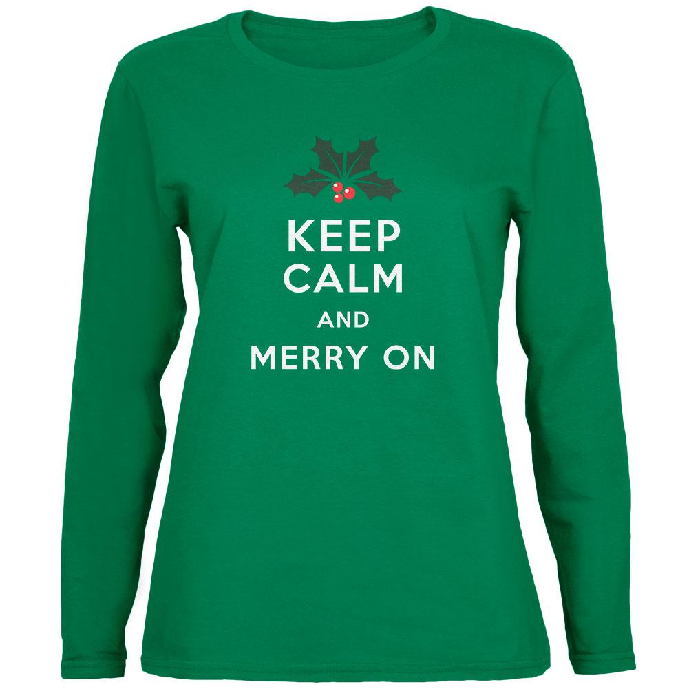 Christmas Keep Calm & Merry On Green Womens Long Sleeve T-Shirt Women's Long Sleeves Old Glory 2XL Green