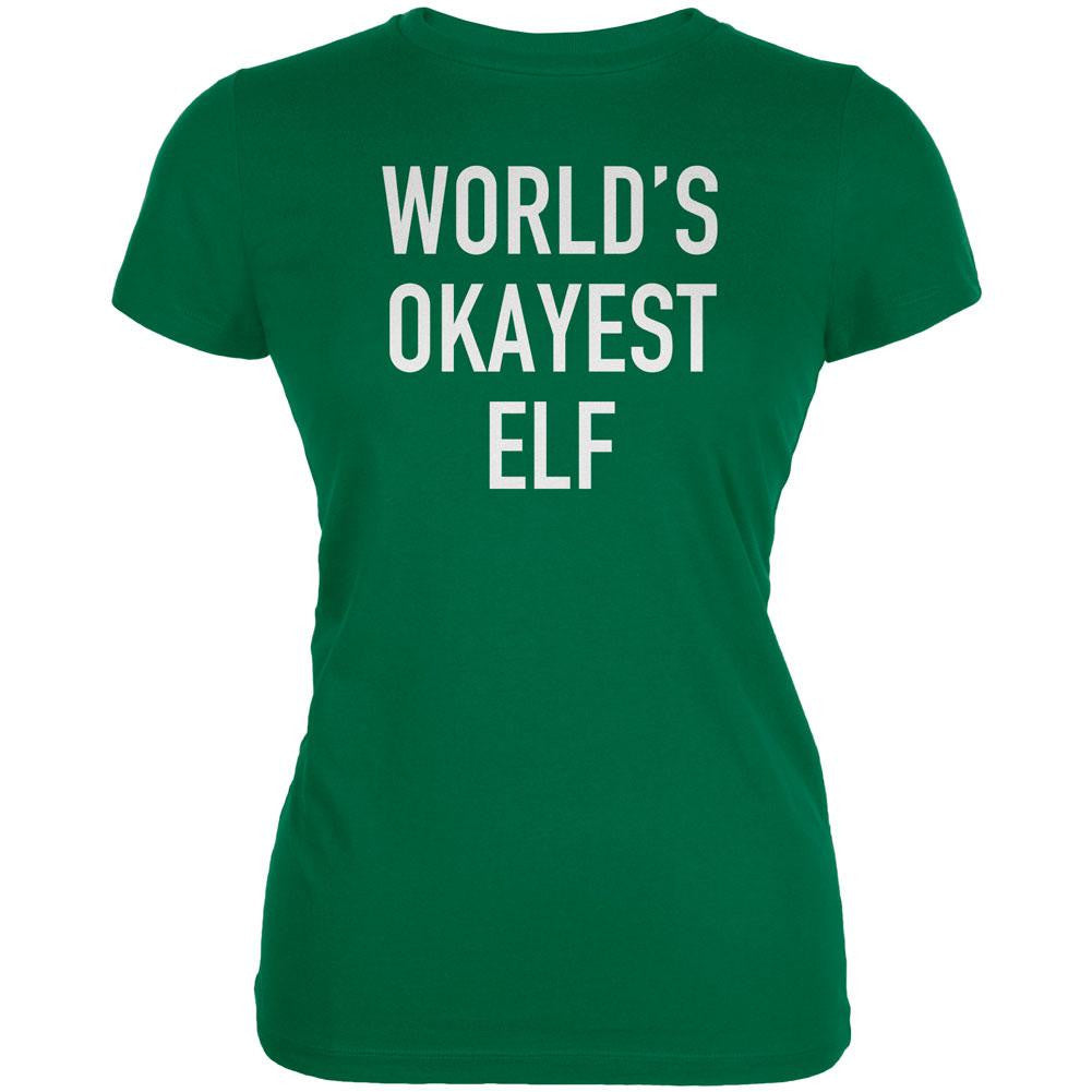 Christmas Worlds Okayest Elf Kelly Green Juniors Soft T-Shirt Juniors T-Shirts Old Glory 2XL Green