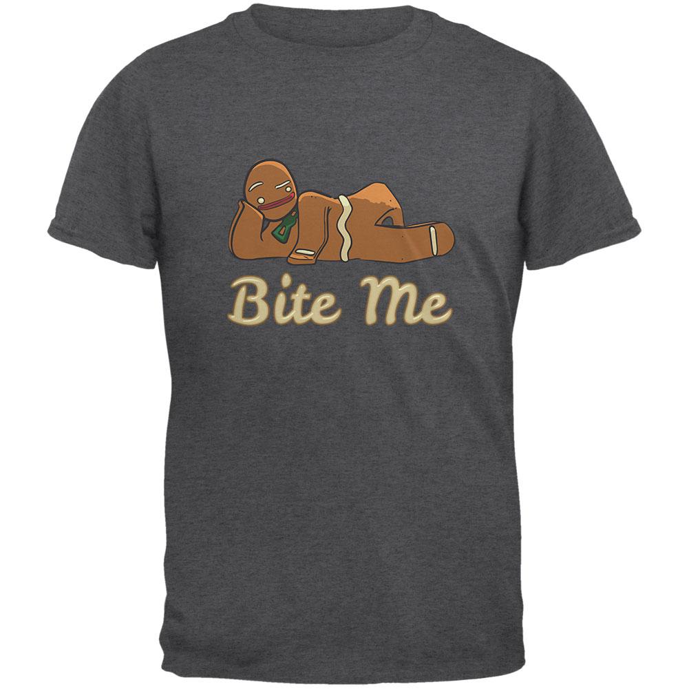 Gingerbread Man Bite Me Dark Heather Adult T-Shirt Men's T-Shirts Old Glory 2XL Grey