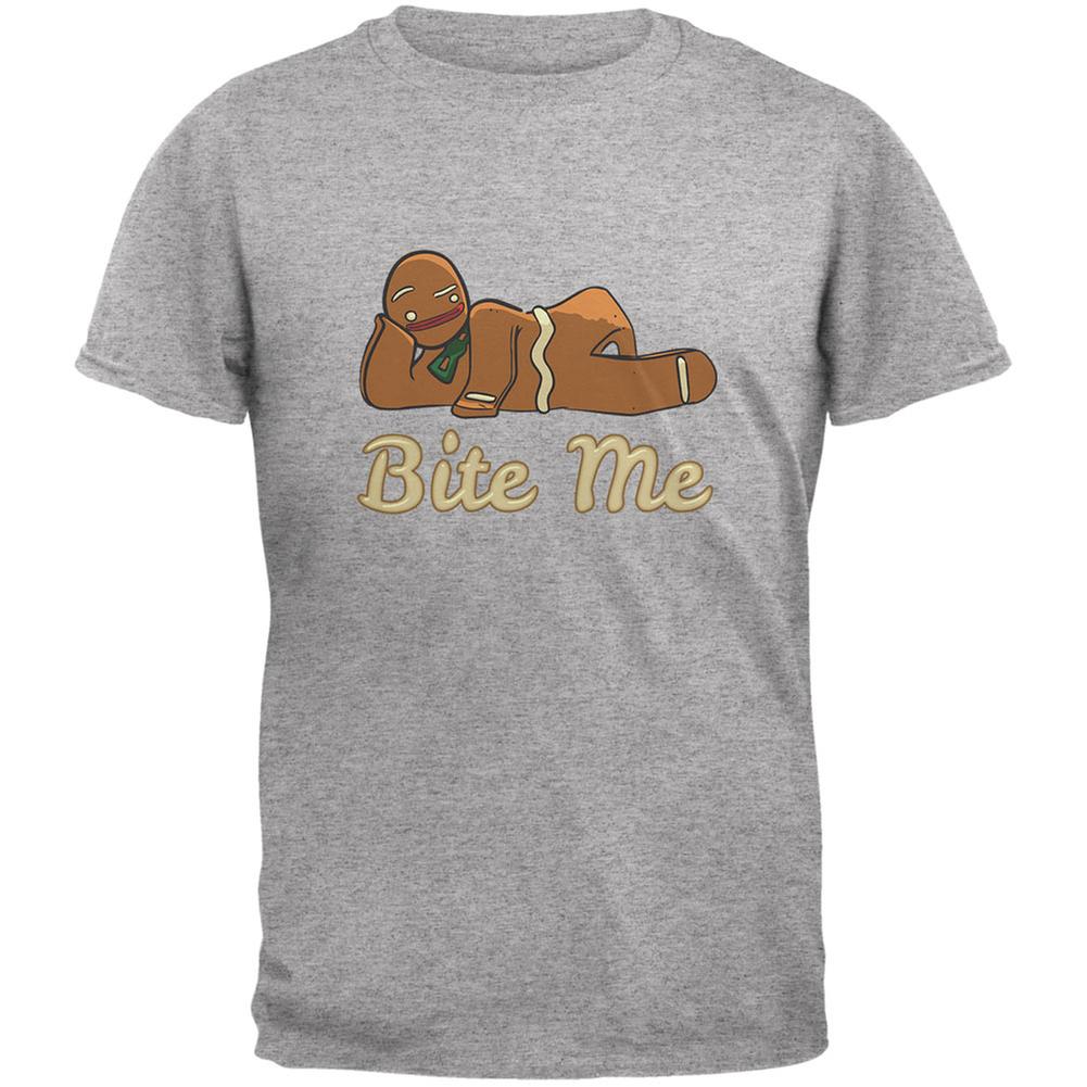 Gingerbread Man Bite Me Heather Grey Adult T-Shirt Men's T-Shirts Old Glory 2XL Grey