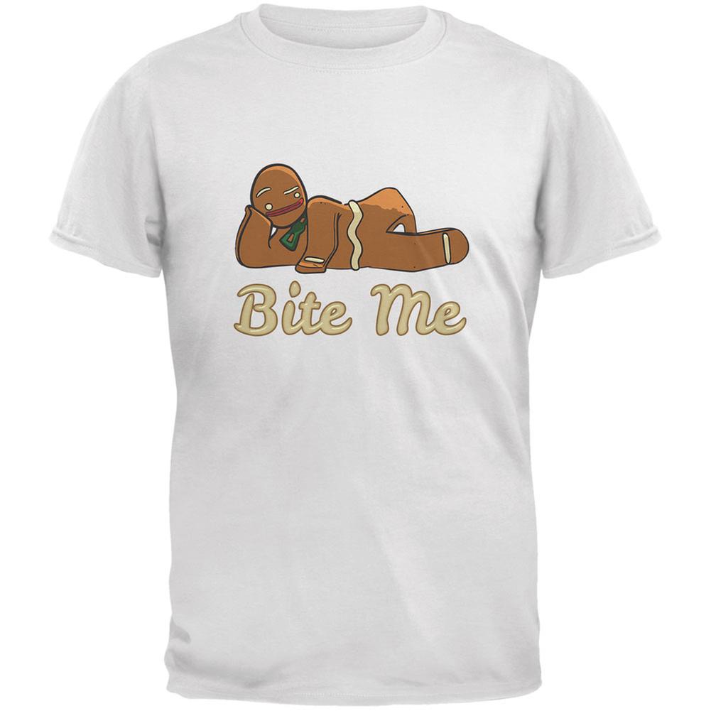 Gingerbread Man Bite Me White Adult T-Shirt Men's T-Shirts Old Glory 2XL White