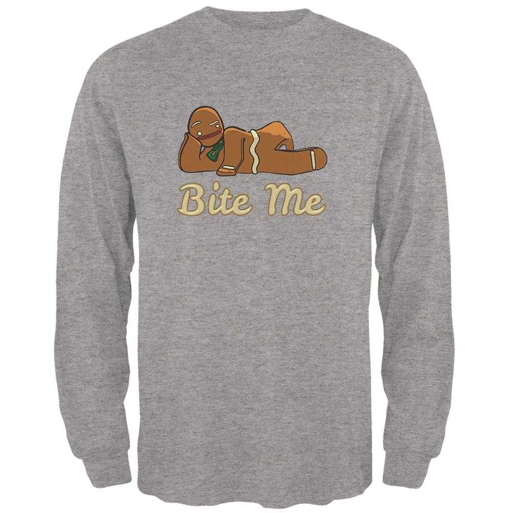 Gingerbread Man Bite Me Heather Grey Adult Long Sleeve T-Shirt Men's Long Sleeves Old Glory 2XL Grey