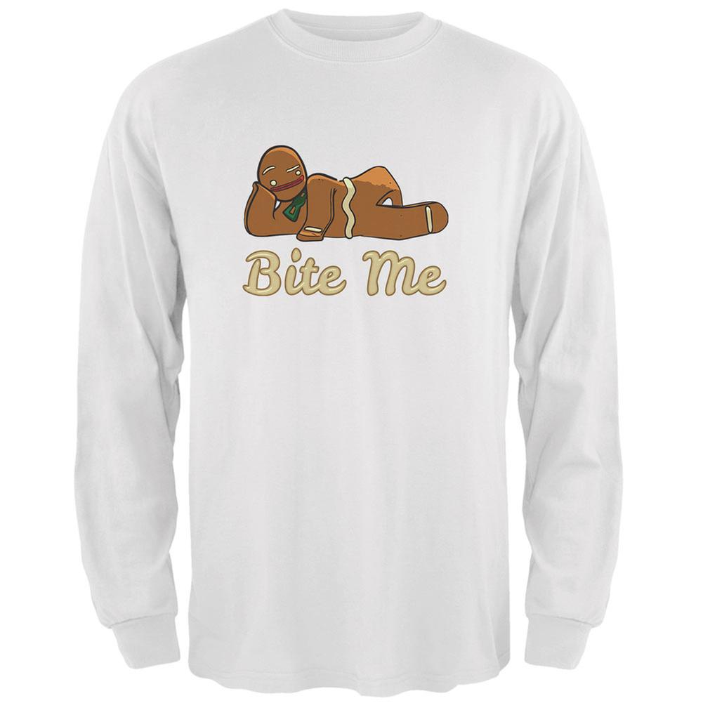 Gingerbread Man Bite Me White Adult Long Sleeve T-Shirt Men's Long Sleeves Old Glory 2XL White