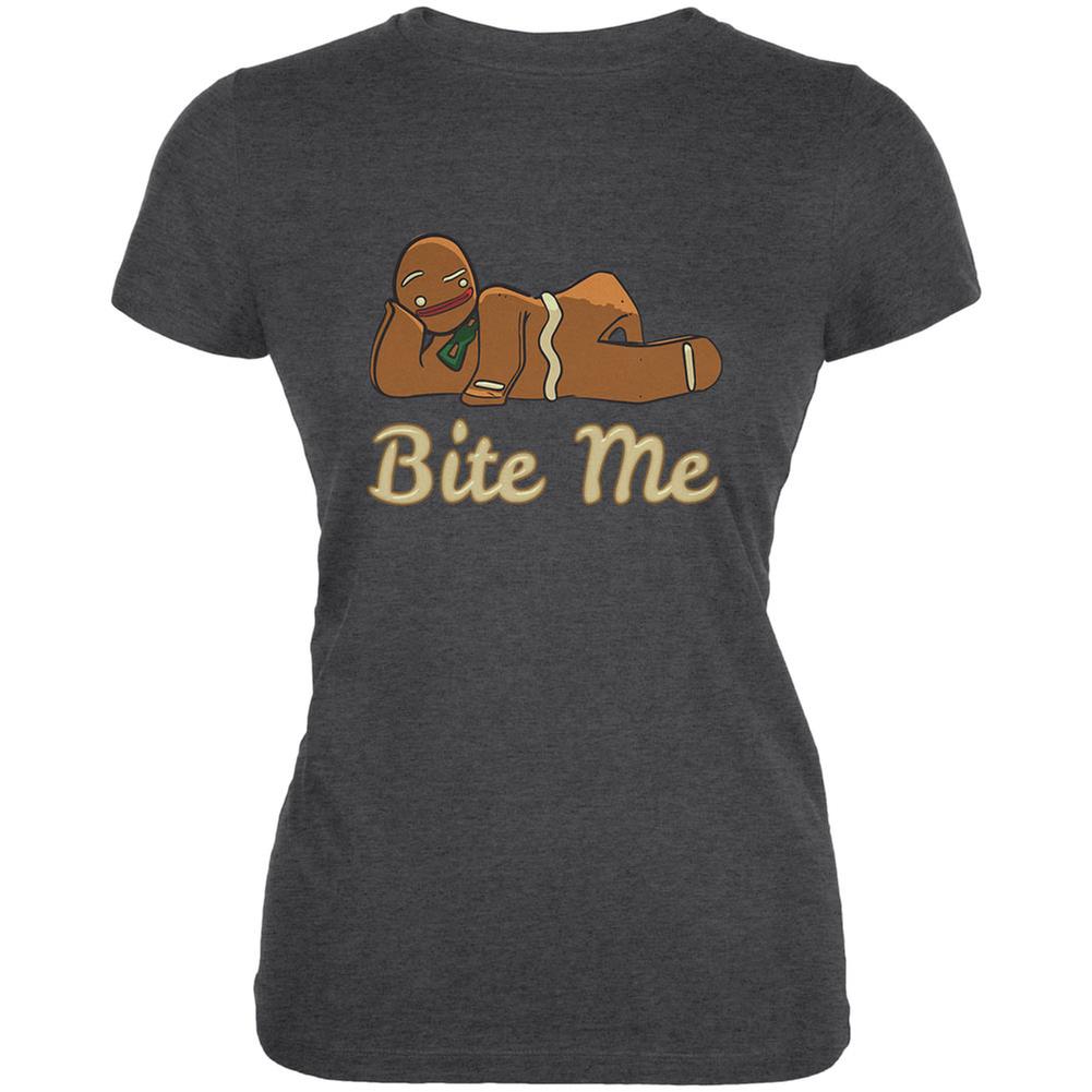 Gingerbread Man Bite Me Dark Heather Juniors Soft T-Shirt Juniors T-Shirts Old Glory 2XL Grey