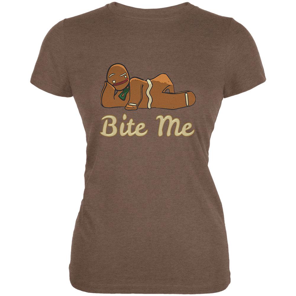 Gingerbread Man Bite Me Heather Brown Juniors Soft T-Shirt Juniors T-Shirts Old Glory 2XL Brown