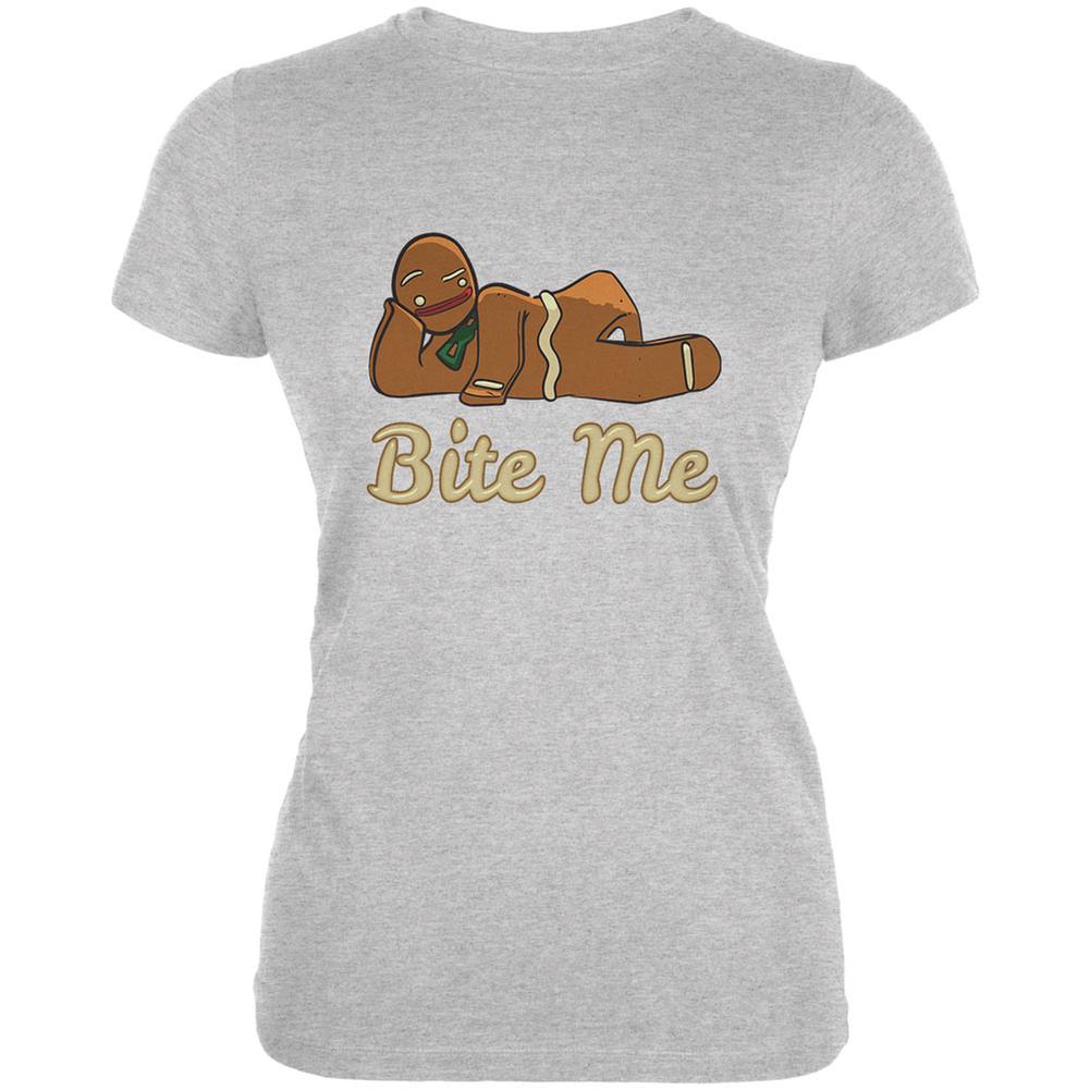 Gingerbread Man Bite Me Heather Grey Juniors Soft T-Shirt Juniors T-Shirts Old Glory 2XL Grey