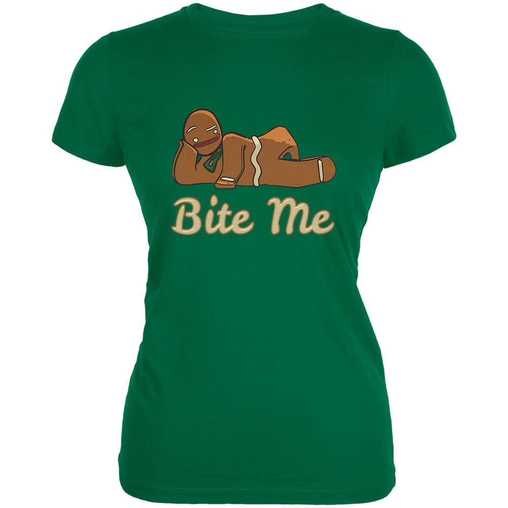 Gingerbread Man Bite Me Kelly Green Juniors Soft T-Shirt Juniors T-Shirts Old Glory 2XL Green