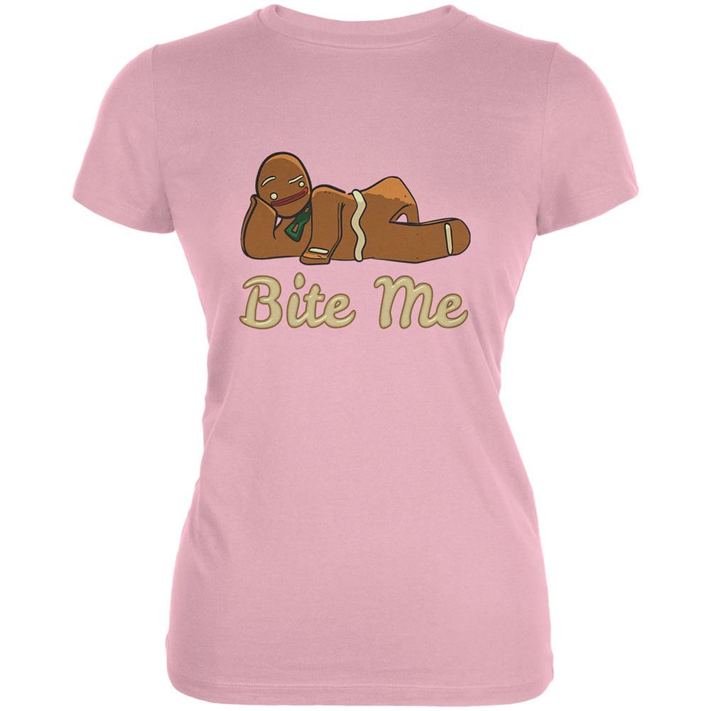 Gingerbread Man Bite Me Pink Juniors Soft T-Shirt Juniors T-Shirts Old Glory 2XL Pink