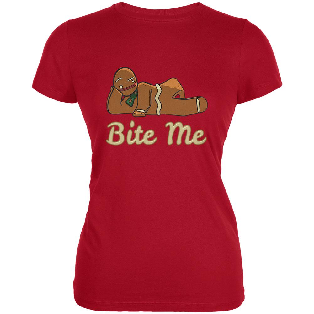 Gingerbread Man Bite Me Red Juniors Soft T-Shirt Juniors T-Shirts Old Glory 2XL Red