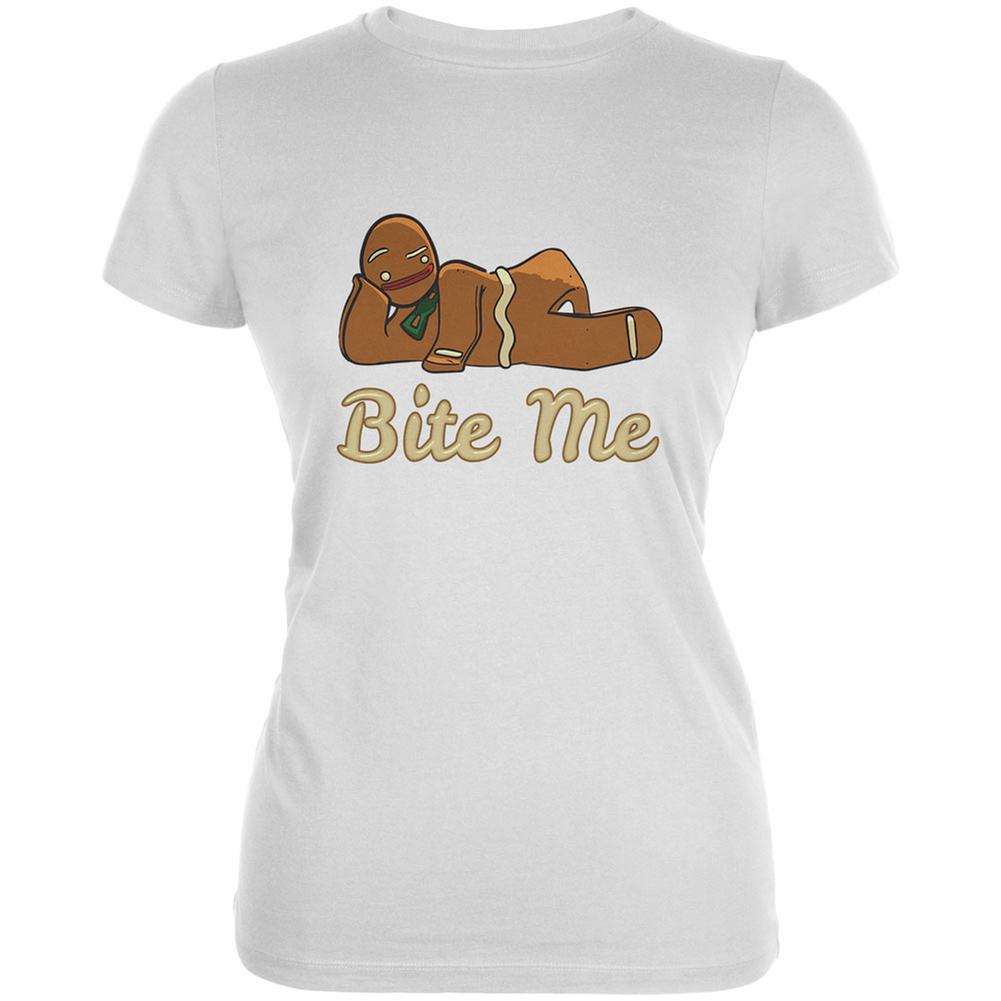 Gingerbread Man Bite Me White Juniors Soft T-Shirt Juniors T-Shirts Old Glory 2XL White